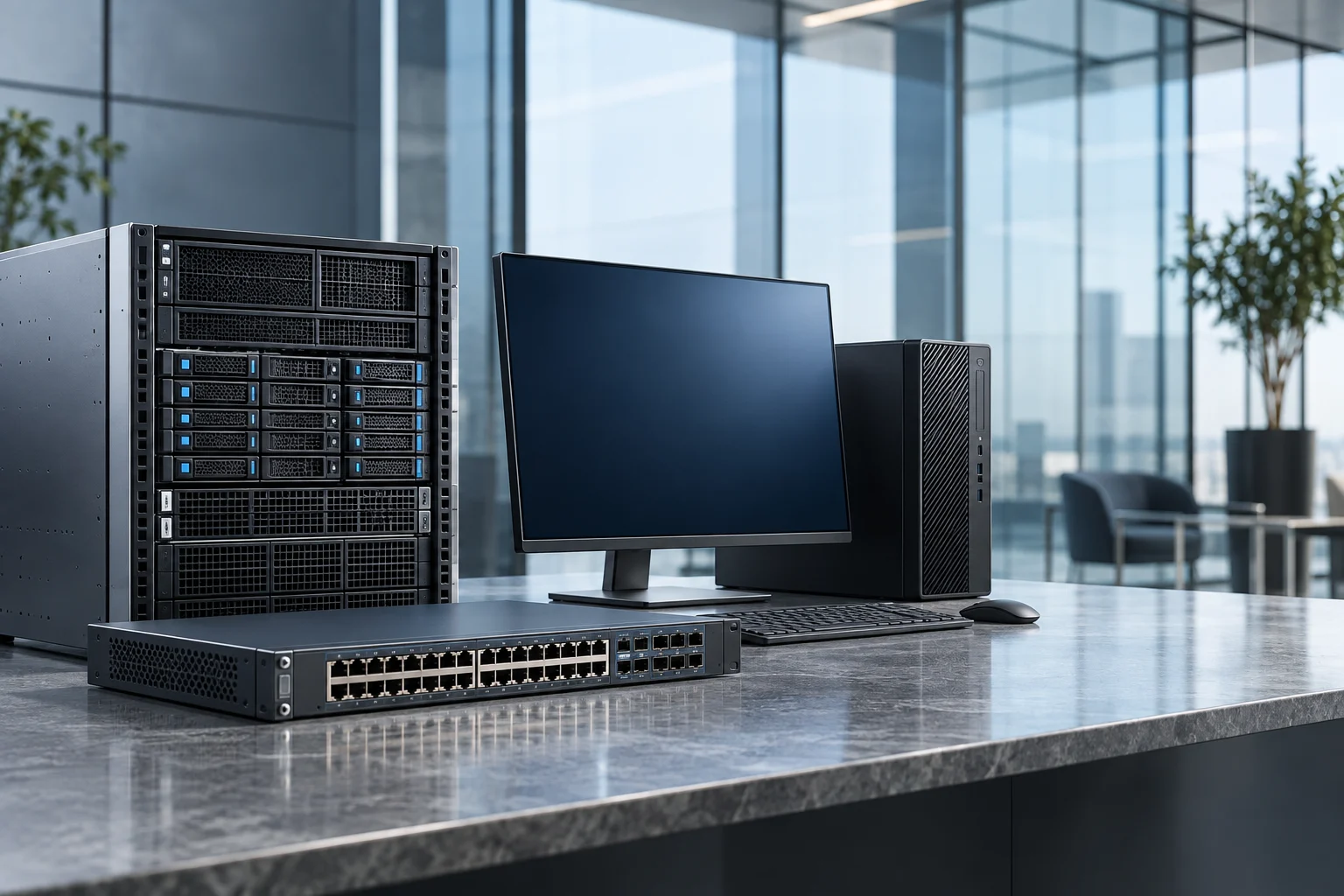 Illustrative business workstation, server and network equipment
